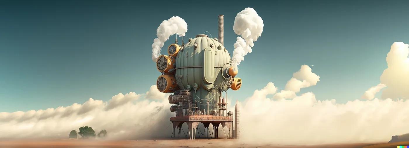 Whimsical steampunk airship with bulbous body, propellers, and steam vents floating above a cloudy horizon in warm, muted tones.